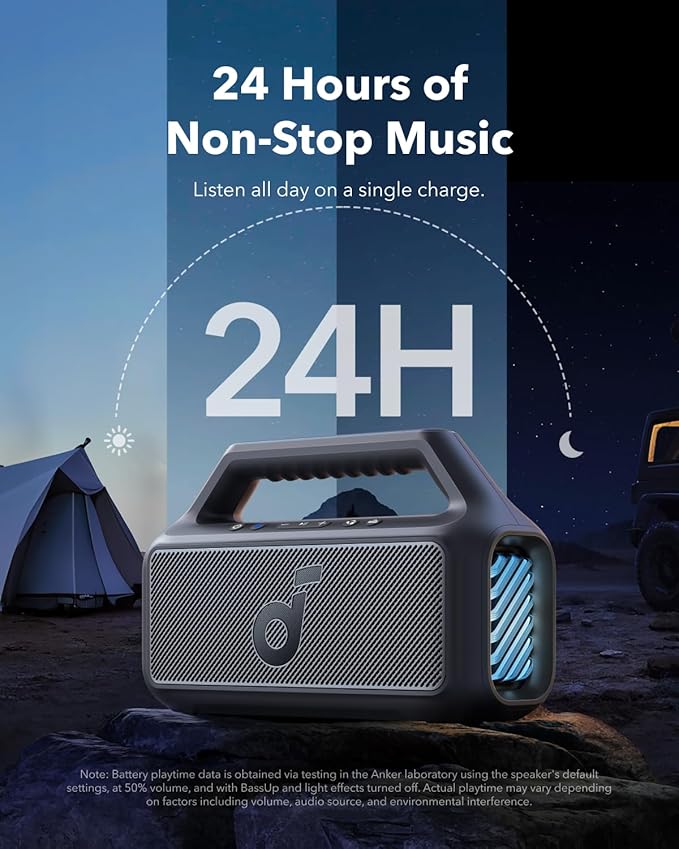 Soundcore Boom 2 By Anker, Outdoor Speaker, 80W, Subwoofer, BassUp 2.0, 24H Playtime, IPX7 Waterproof, Floatable, RGB Lights, USB-C, Custom EQ, Bluetooth 5.3, Portable for Camping and Beach - Black