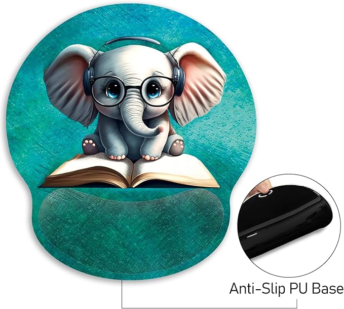 Mouse Pad with Wrist Rest, Mousepad with Wrist Support, Ergonomic Wrist Rest Mouse Pad for Desk Accessories Office Supplies Decor Computer Laptop Gaming, Non-Slip Pain Relief PU Base Women Elephant