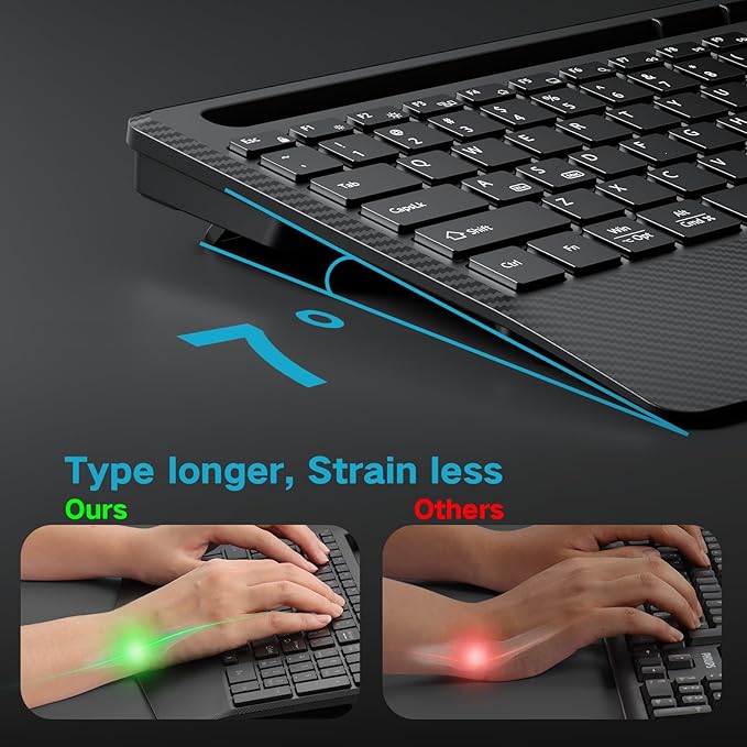 Hamile 2.4G&Bluetooth Wireless Keyboard - Light Up Keyboards with Wrist Rest - 8 Backlit Effects - Slim Rechargeable Silent with Holder for Windows, Mac, Black