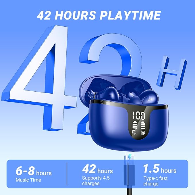 Wireless Earbuds Bluetooth 5.4 Headphones HiFi Stereo 42H Playback in Ear with 4 ENC Noise Cancelling Mic, IPX7 Waterproof and LED Battery Display Screen for Running Fitness Office Ear Buds in Blue
