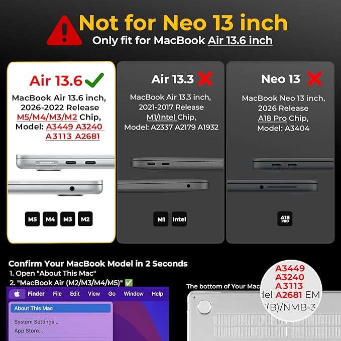 EooCoo Case Compatible with MacBook Air 13 inch M5 2026-2022 Release M4 M3 M2 A3449 A3240 A3113 A2681, Hard Shell&Keyboard Skin Cover&Screen Protector for Mac Air 13.6 inch, Matte Midnight Black