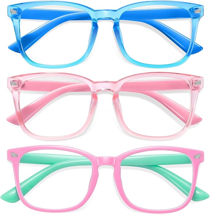 Okany Blue Light Glasses for Kids Blue Light Blocking Glasses for Girls Boys Anti Glare Computer Gaming Glasses Eyestrain Protection Glasses for Age 3-10 (Blue+Pink+Pg)