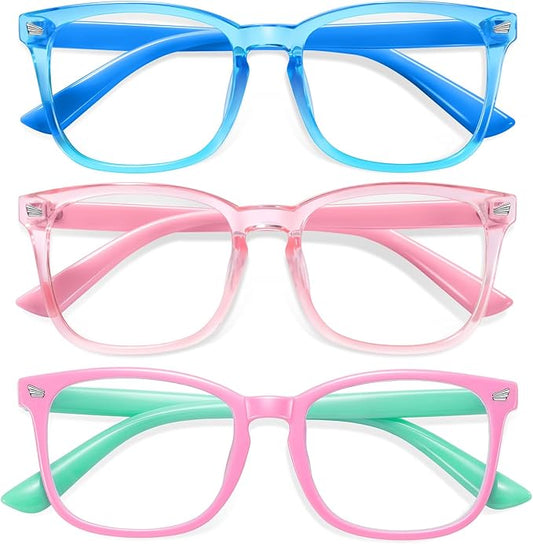 Okany Blue Light Glasses for Kids Blue Light Blocking Glasses for Girls Boys Anti Glare Computer Gaming Glasses Eyestrain Protection Glasses for Age 3-10 (Blue+Pink+Pg)