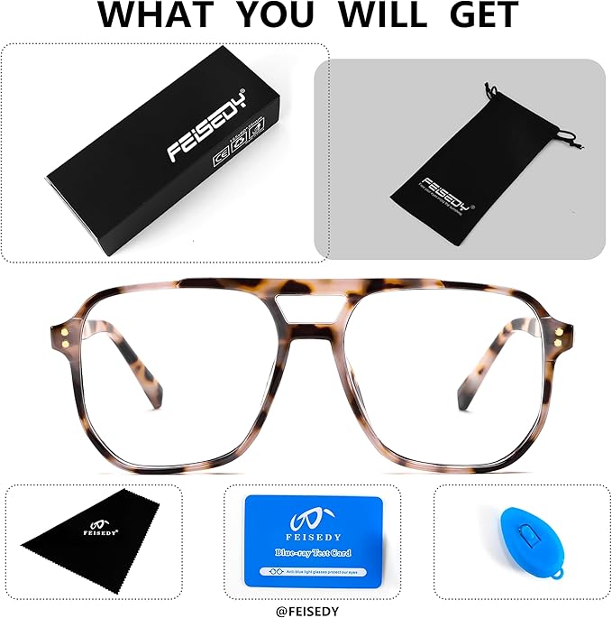 FEISEDY Blue Light Blocking Glasses Fake Nerd Clear Square Computer Lightweight Pilot Glasses Frame Oversized B2866