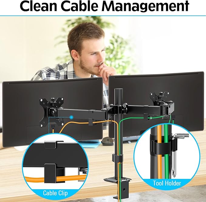 MOUNTUP Dual Monitor Stand Fits Max 32 Inch Screen up to 17.6lbs, Dual Monitor Desk Mount, Fully Adjustable Dual Monitor Arm for 2 LCD Screens, Double Monitor Stand with C-Clamp and Grommet Base