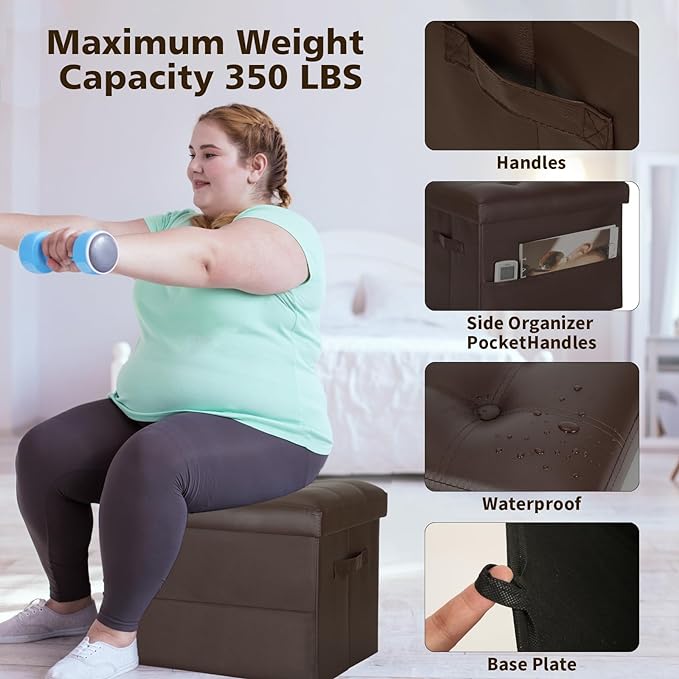 BelugaHelper Storage Ottoman Foot Rest Stool, Foldable Leather Footstool Storage Bench with Thicker Foam Padded Seat. Foot Rest Under Desk for Living Room Bedroom 350 lbs, 17x13x13 in, Brown