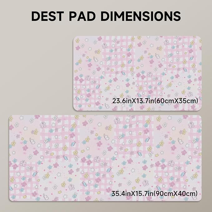 AUPET Leather Desk Pad Blotter Mat, Large Mouse Pad, Non-Slip Waterproof Desk Writing Pad Protector, Desk Decor for Office，Home，Gaming (Pink-Checkered Flower Butterfly, 35.4X15.7 inch)