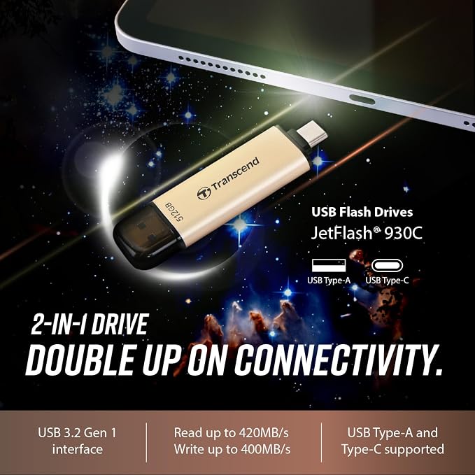 Transcend JF930 512GB Dual USB C Flash Drive for iPhone/iPad/Mac/Windows, Android/Tablet/PC/Gaming Console, Photo Stick Up to 420MB/s, USB 3.2 Thumb Drive, Memory Stick with 2-in-1 Type C &Type A - Image 2