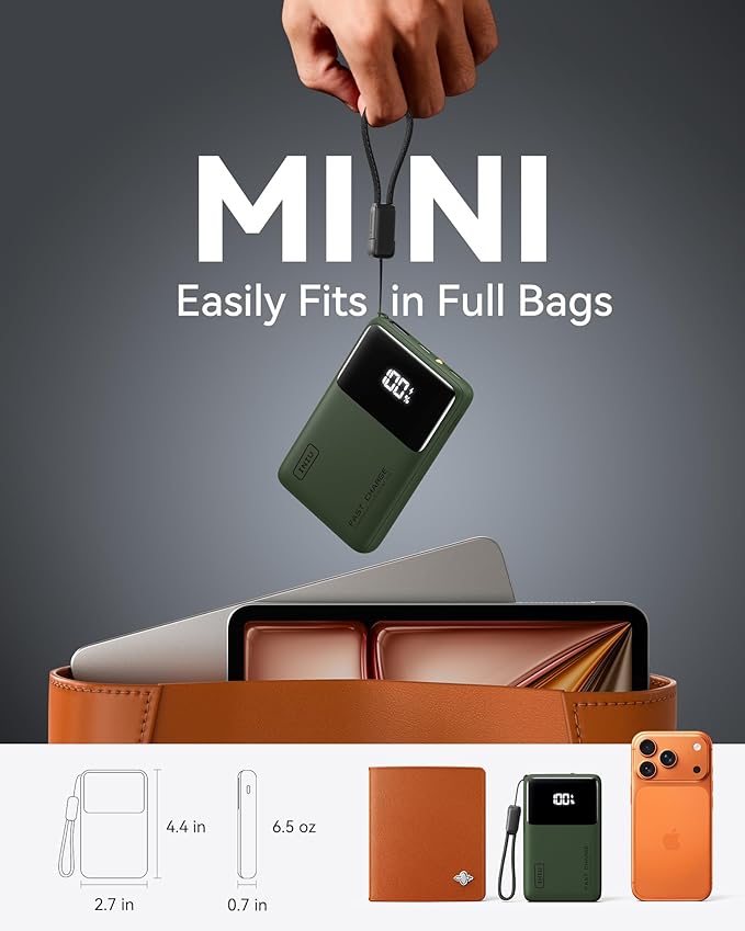 INIU Small Portable Charger, 45W PD Fast Charging 10000mAh Power Bank, Battery Pack with Attached USB C Cable, Travel Essentials Powerbank for iPhone 17 16 15 14 Pro Air, Xiaomi, Samsung S25, Green