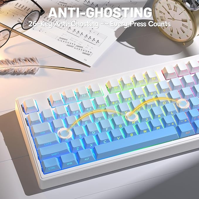 M87V2 Wireless Keyboard,Low Profile Quiet Typing Membrane Gaming Keyboard with 80% TKL Layout Side Printed Keys,RGB Backlit,USB C Rechargeable,87 Keys PBT Keycap for Windows PC,Mac,Linux-Gradient Blue
