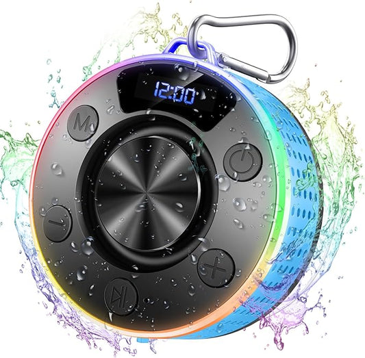 Donerton Bluetooth Shower Speaker, Portable Bluetooth 5.4 Speaker with 360°HD Stereo Sound and Robust Bass, IPX7 Waterproof Speakers, LED Light, Built in Mic for Home, Party, Outdoor Beach, Gift