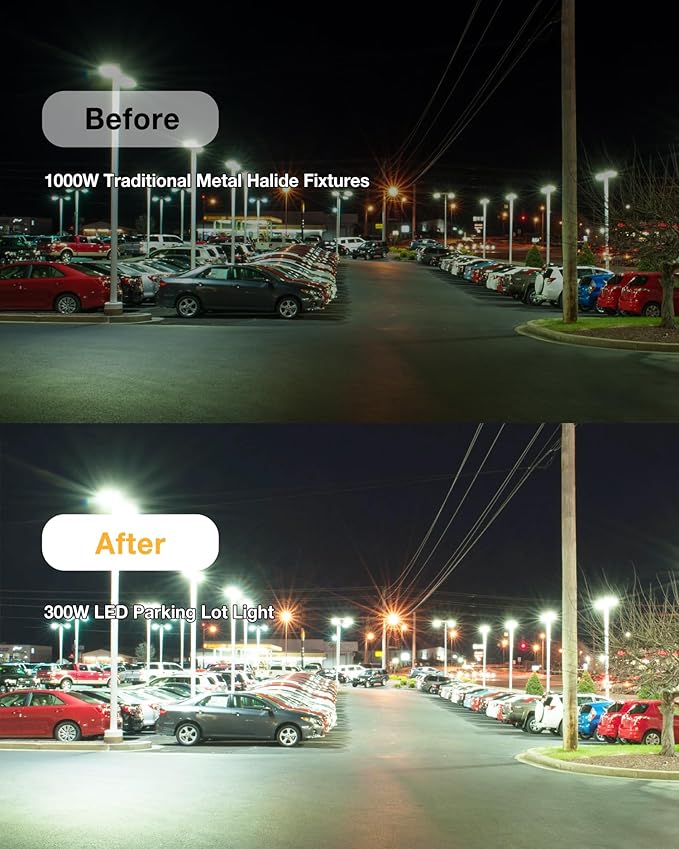 LED Parking Lot Light 300W, 42000LM, 5000K Daylight, IP65 Waterproof, UL & ETL Certified, Dusk to Dawn Parking Lot Light with Arm, Outdoor Dimmable Area Light for Parking Lot, Sports Stadium