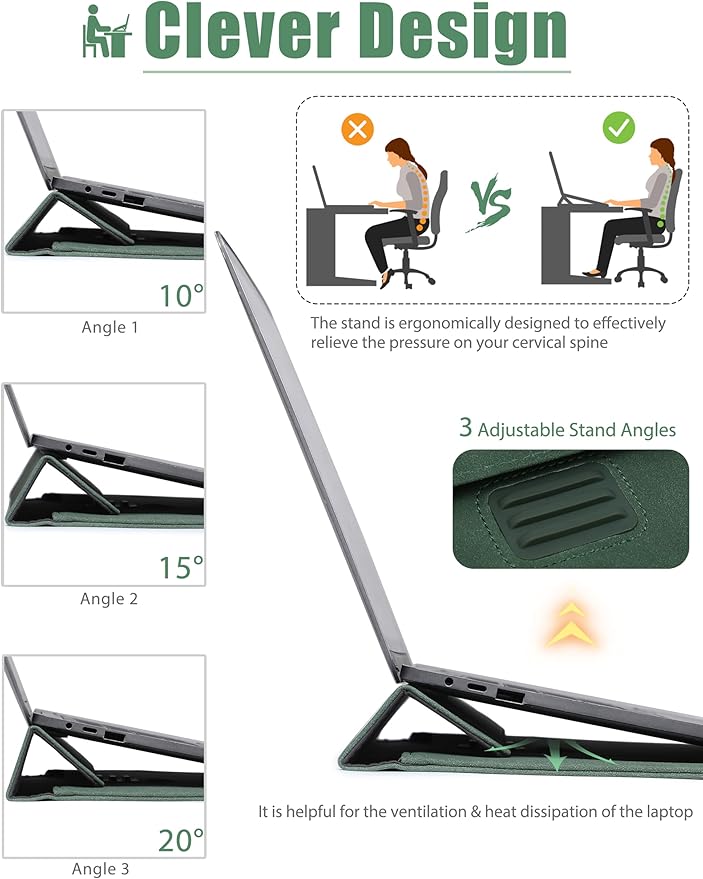 HYZUO 13 Inch Laptop Sleeve Case Bag with Adjustable Stand for MacBook Air 13 M5 A3449 M4 M3 M2 M1 2026-2018, 13" MacBook Neo 2026, MacBook Pro 13 M2 M1 2026-2016, Surface Pro, XPS 13, Midnight Green