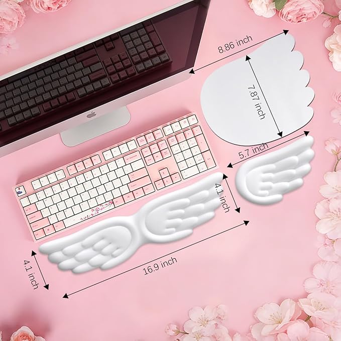 JIKIOU Angel Wing Wrist Rest Ergonomic Memory Foam Wrist Rest for Computer Keyboard Mouse Set, Cute Leather Keyboard & Mouse Support with PU Anti-Slip Base Waterproof White
