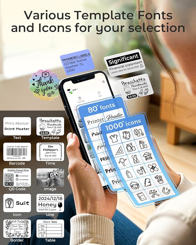 Phomemo Label Maker with 3 Roll Labels and Bag, Barcode Label Printer for Small Business, Logo Office, School, Home, Sticker Printer Compatible with Phones & PC