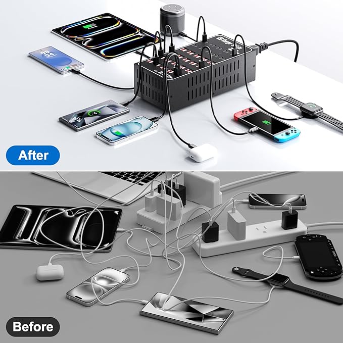 Multiple USB Charger Station, 300W 60Ports USB C Charger Block, USB Charger hub for Multiple Devices, USB C Multi Charge Compatible with iPhone 17 16 15 14 13, iPad, Samsung Galaxy S23 S24, Pixel