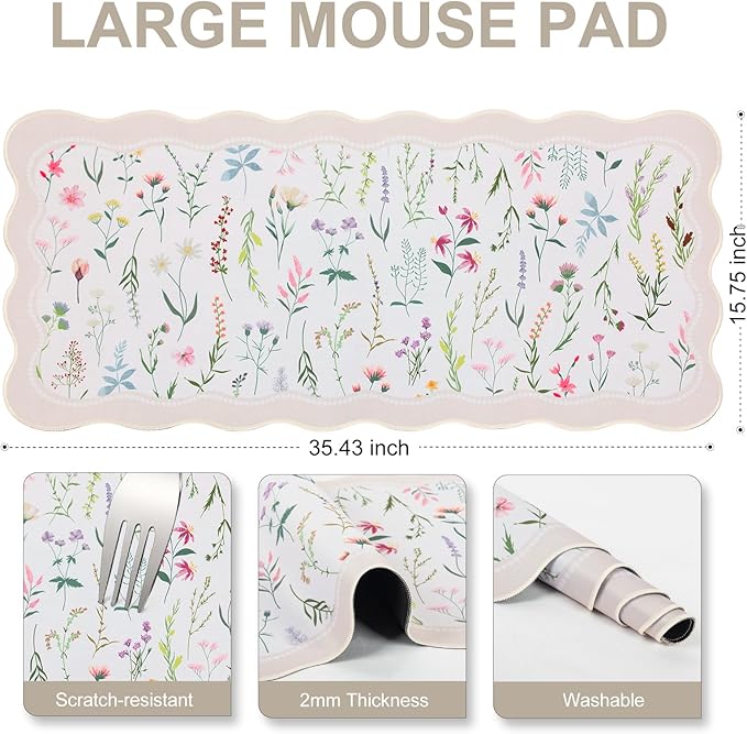 L-SPOUTTO Floral Mouse Pad,Botanical Desk Mat XXL Large Scalloped Gaming Mousepad,35.4x15.7in Non-Slip Keyboard Pad Waterproof Desktop Mat for Laptop Computer Work Game Home Office-Wild Flowers