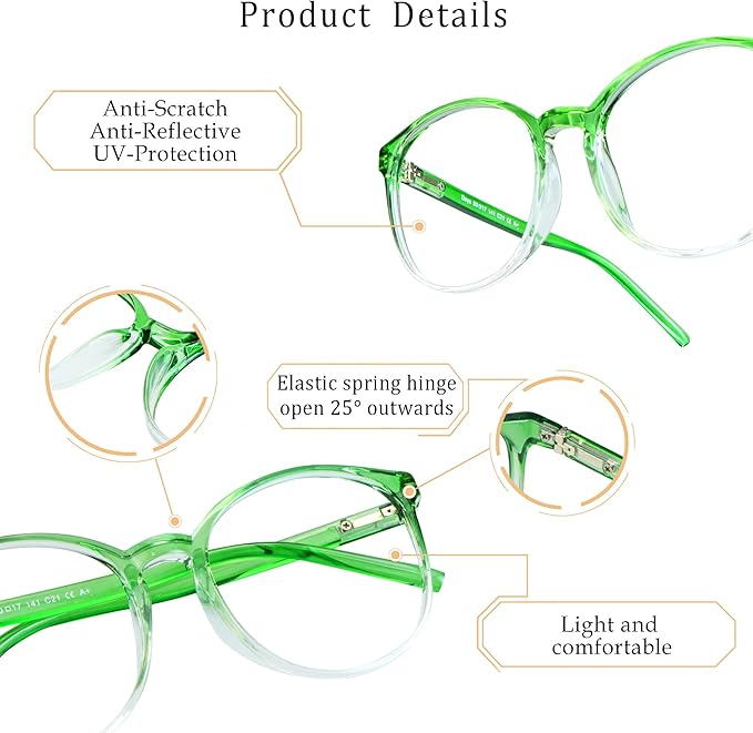 LifeArt Round Blue Light Blocking Glasses, Computer Glasses, Gaming Glasses, TV Glasses for Women Men (Clear Green, 4.25 Magnification)
