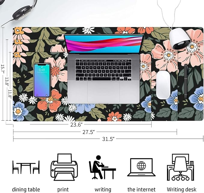 Desk Mat Large Protector Pad 31.5" ×15.7", Non-Slip PU Leather Desk Blotter, Waterproof Mouse Pad for Office Home Wildflower