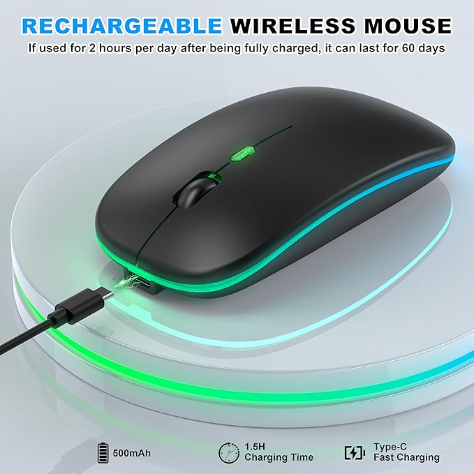 Bluetooth LED Wireless Mouse for MacBook Air iPad Pro Mac Laptop PC - Slim RGB Wireless Mouse, 3 Mode BT 5.2 & 2.4G USB-A/Type-C Connectivity Portable Mice with Jiggler Mode, Matte Black