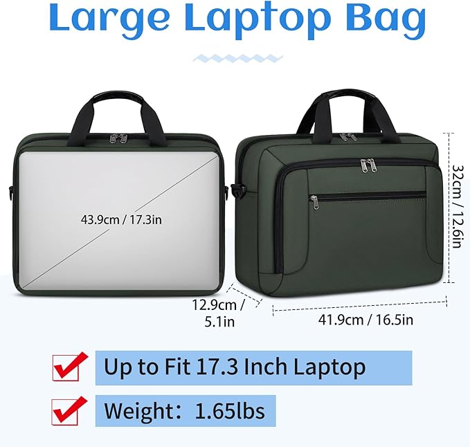 Laptop Bag 17.3 Inch Laptop Briefcase Large Waterproof Laptop Case for Men Women Business Office Work Computer Bag 17 Inch Adjustable Shoulder Messenger Bag, Green