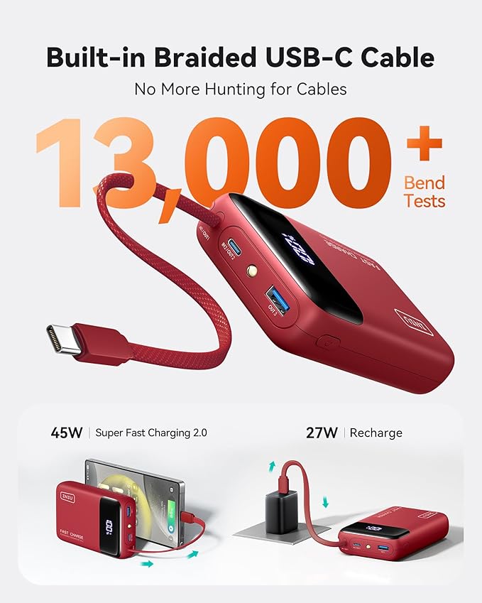 INIU Portable Charger, Compact 20000mAh Power Bank with Build in USB-C Cable, 45W Fast Charging Mini Powerbank, Flight Cruise Ship Travel Essentials Phone Charger for College Student Boys Girls, Red
