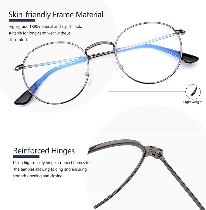 Round Blue Light Blocking Glasses for Men Women, Circle Metal Wire Rimmed Frame Glasses Anti Glare & UV RF5002