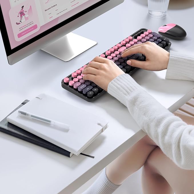 MOFII Wireless Keyboard and Mouse Combo, Retro Typewriter Keyboard with Colorful Round Keycaps, 2.4GHz USB Plug Play Connection for PC Laptop Windows XP/7/8/10 (Berry Pink)