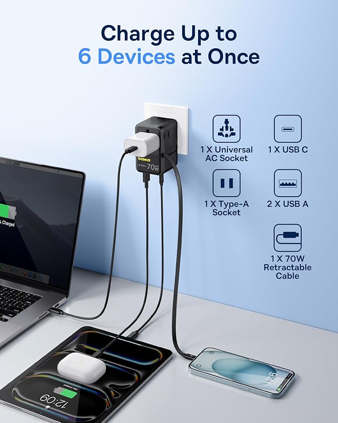 Baseus 70W Universal Travel Adapter & 45W Power Bank Built in USB-C Cable