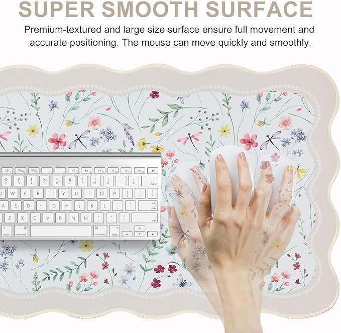 L-SPOUTTO Floral Mouse Pad,Botanical Desk Mat XXL Large Scalloped Gaming Mousepad,35.4x15.7in Non-Slip Keyboard Pad Waterproof Desktop Mat for Laptop Computer Work Game Home Office-Wild Flowers