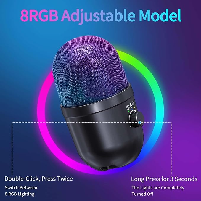 USB Gaming Condenser Microphone for PC/Desktop,192kHz/24Bit,Noise Cancellation,Monitoring,Quick Mute & RGB Lighting,USB PC Mic for Laptop,Podcast,Streaming,Recording Black