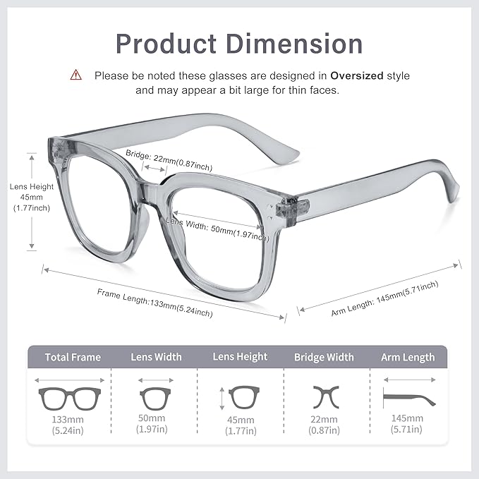 Madison Avenue Oversized Blue Light Blocking Glasses for Women Fashion Blue Light Blockers Anti Eyestrain & UV Protection Computer Eyeglasses (Ttransparent Grey)
