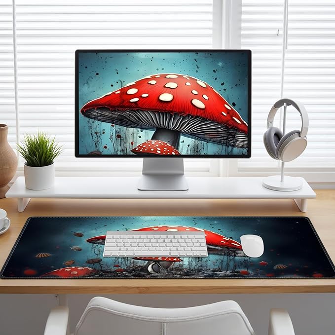 Cool Desk Matt for Desktop, Mouse Pad Mat, Desk Mat for Keyboard and Mouse, XXL Large Mouse Pad for PC, Anti-Slip Big Mousepad with Stitched Edges, Mouse Mat for Computer Laptop Women, Red Mushroom