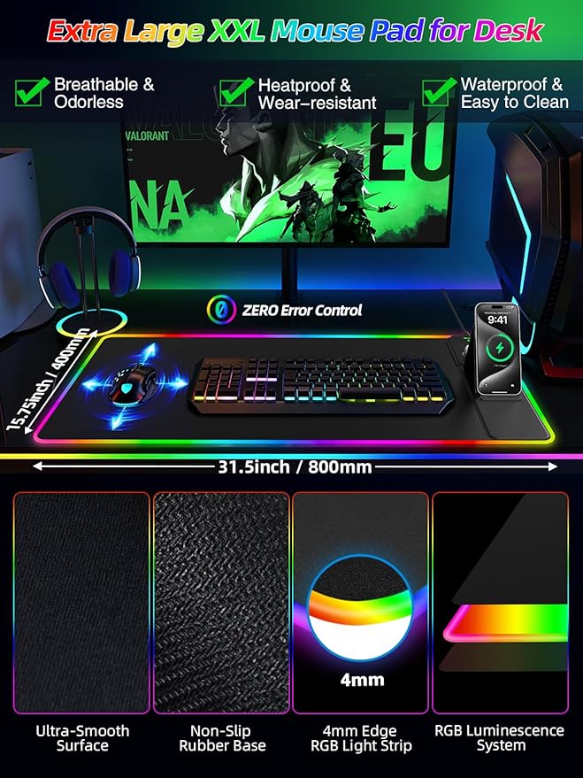 Mouse Pad with Adjustable Phone Stand Dual Wireless Charger, 15W Fast Charging Desk Mat, Extra Large 31.5x15.75 Waterproof Desk Pad for iPhone Samsung Air-Pods, Gaming Mousepad w/ 11&4 RGB
