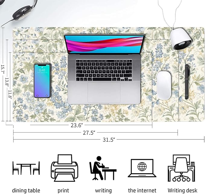 Large Mouse Pad, Beige Blue Floral Desk Mat for Desktop, Women Girls Flowers PU Leather Waterproof Desk Pad, Computer PC Laptop Protector Gaming Mouse Pads for School Office Home (23.6" x 11.8")