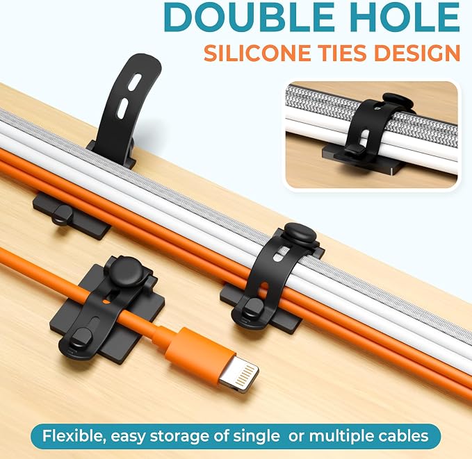 Kanemc Cable Clips Management Kit, 15 Cable Holder With Silicone Cord Ties, 15 Nylon Zip Tie, Extra 15 Screws & 8 Adjustable Cable Straps For Workspace Organizers PV Computer TV Under Desk Wire Setup - Image 7