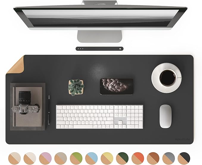 RENMTURE Desk Pad, Cork & PU Leather Desk Mat, Large Mouse pad, Non-Slip Desk Protector and Blotter, Waterproof Writing Pad, Desk Accessories and Organizers for Home Office (Black, 36"x17")