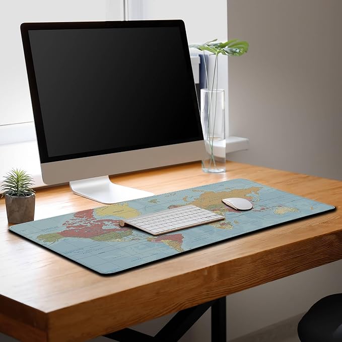 Desktop Mat World Map Full Desk Mouse Pad, Office Gaming Mousepad Large Mousepad, Computer Pad Non-Slip Rubber Base Waterproof with Stitched Edges, 35.4 X 15.7 in for Work/Game/Office/Home