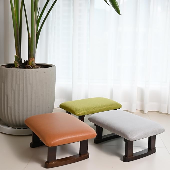 Small Footstool Office Under Desk Ottoman Padded Hassock 16.1"(41cm) x 6.7"(17cm) with Wooden Legs Modern Living Room Bedroom Work Nail Salon Compact Footrest Stool Relaxation Rest Foot Stool (Green)