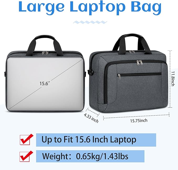 Laptop Bag 15.6 Inch Laptop Briefcase Computer Bag for Men Women Waterproof Business Office Work Large Laptop Case 15.6 Inch Adjustable Shoulder Messenger Bag Grey