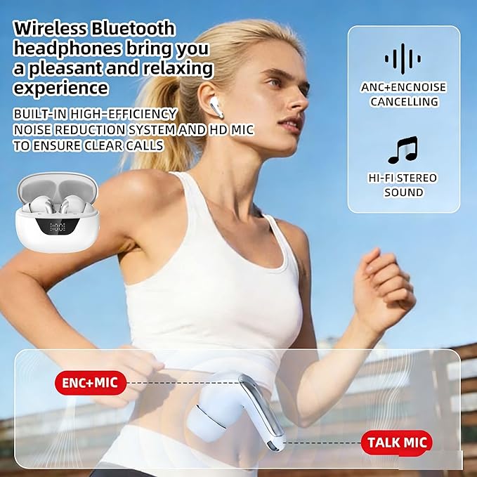 Wireless Earbuds Bluetooth 5.3, 48H Playtime LED Power Display, IPX7 Waterproof Stereo Earphones in-Ear Bluetooth Headphones Android IOS Noise Cancelling Mic for Sports,Phone,Tablet,Laptop(White)