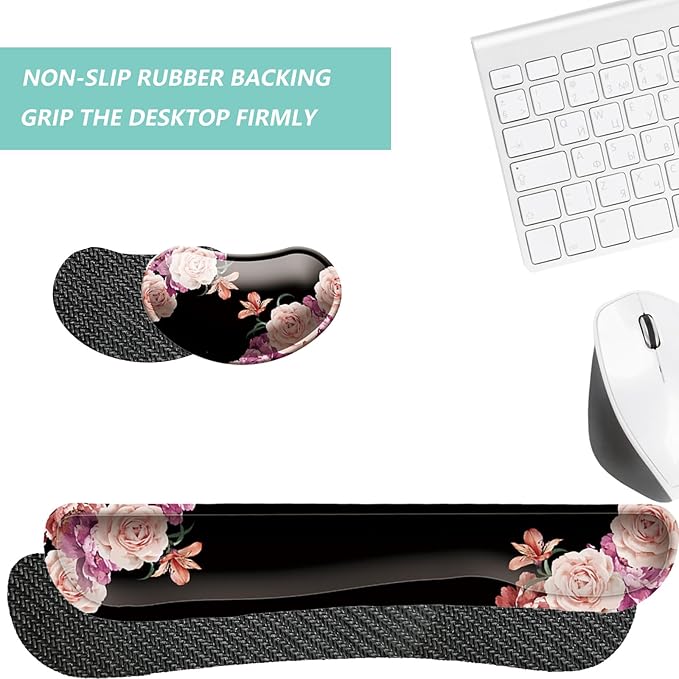 Keyboard Wrist Rest Mouse Wrist Support Set, Memory Foam Wrist Rest Pad for Computer Laptop Keyboard Mouse, Ergonomic Wrist Cushion Support for Typing Pain Relief, Gaming Home Office, Flowers Pink