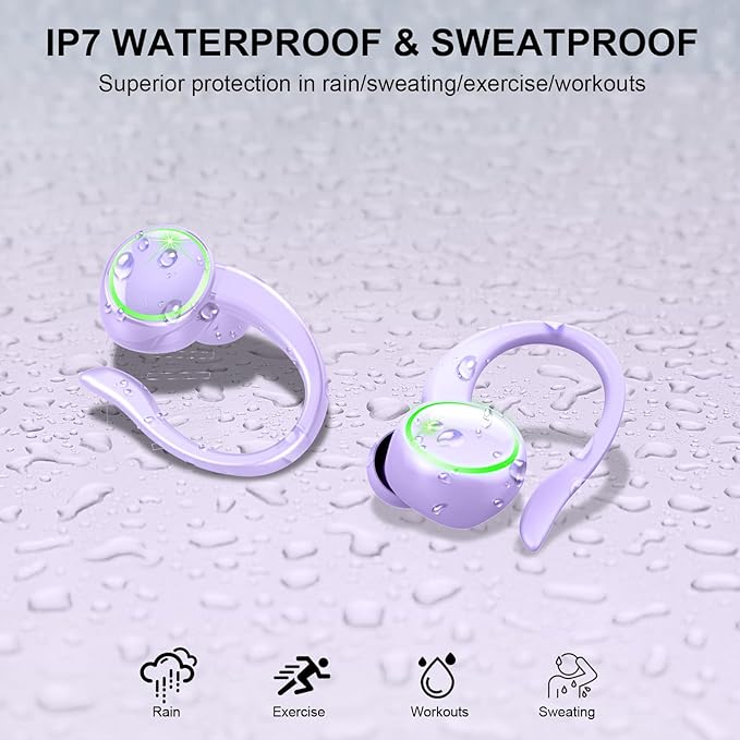 Wireless Earbuds, Bluetooth Headphones Sports, Deep Bass Fitness Earphones Gym Running, Waterproof Headset with Earhook Workout, Playback Over-Ear Buds with ENC Noise Cancelling Mic