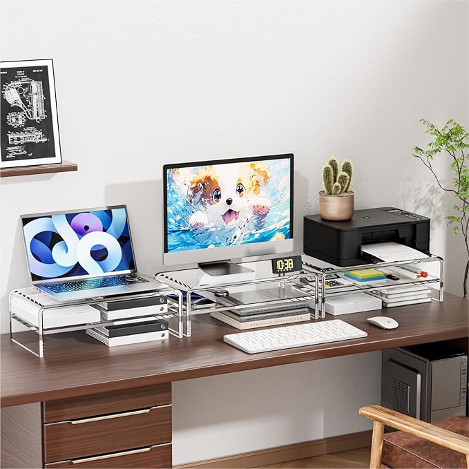 Egchi Acrylic Monitor Stand Riser, 2 Tier Clear Computer Monitor Stand for Home Office Business, PC Desk Stand Monitor Riser for Keyboard Storage, Laptop, Printer and TV Screen -12x7.2x5.12 inches