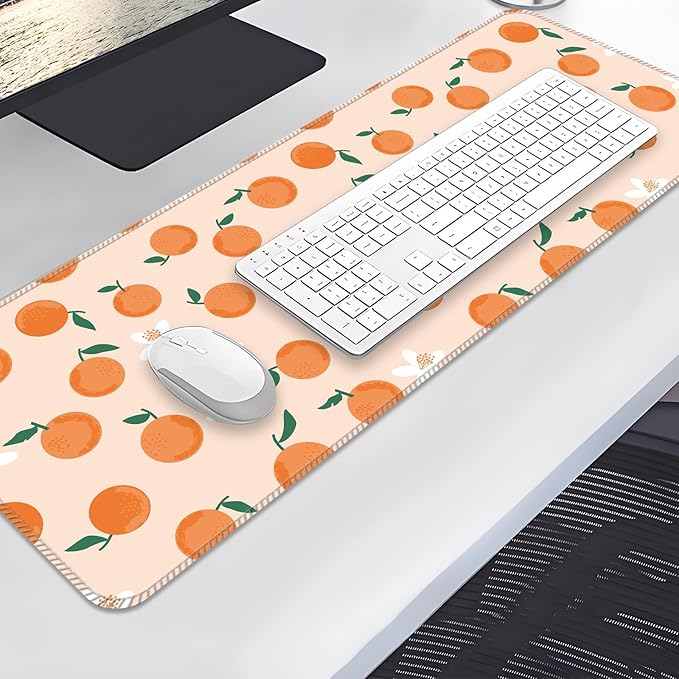 Desk Mat,Big Desk Pad,31.5 x 11.5in Extended Gaming Mouse Pad,Large Mouse Pad for Desk Rubber Base Mousepad with Stitched Edges,Keyboard Mouse Mat for Work Game Office Home - Cute Orange Leaves
