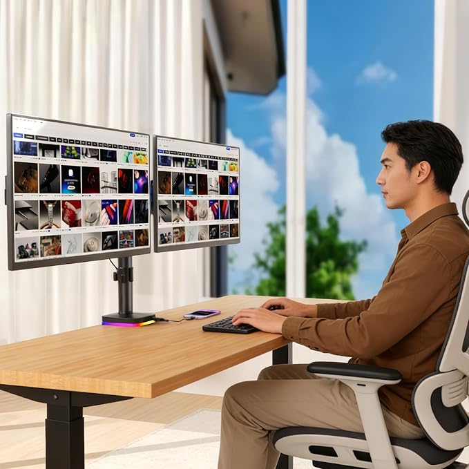 Afaloona RGB Dual Monitor Desk Mount, Monitor Stand with 3 USB Ports, Charging and USB Data Transfer Function, Adjustable Arms for 13-27" Monitors up to 17.6lbs, VESA 75x75-100x100mm,Ergonomic Design
