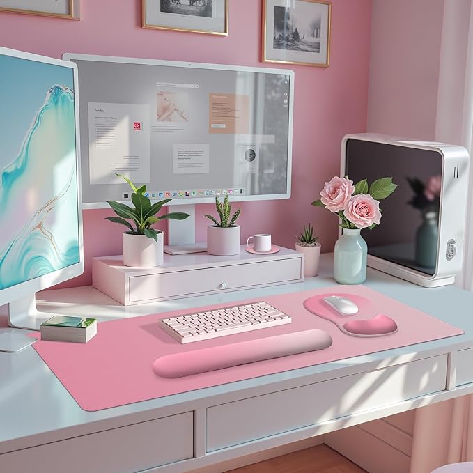 4-in-1 Large Gaming Mouse Pad, Keyboard Wrist Rest Pad & Wrist Support Mousepad Set, Extended Desk Pad Waterproof Desk Mat for Home Office Decor Study Game 35.4×15.7 Inches I Gradient Pink Blush