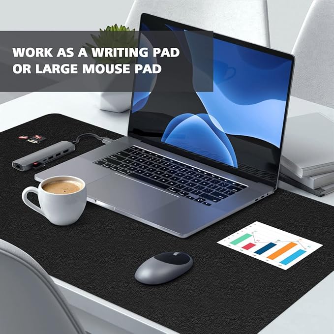 PVC Leather Desk Pad Blotter Ultra Thin Large Mouse Pad Waterproof Laptop Writing Mat Non-Slip Desk Cover Protector (Black, 16" x 32")