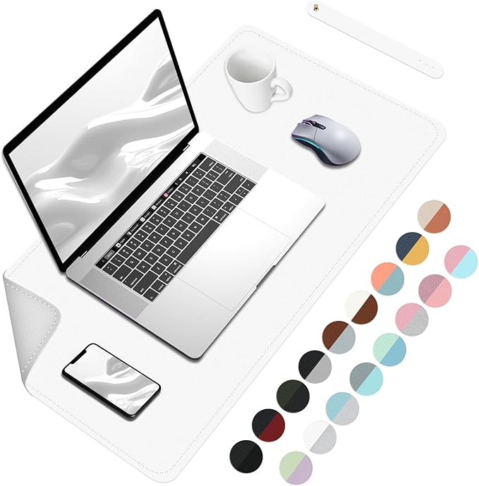 Bleswin Double-Sided Desk Mat, 23.6''×13.8'', PU Leather Mouse Pad, Waterproof Desk Pad, Laptop Leather Desk Mat, Protector for Keyboard and Mouse for Office and Home (White+Slivery)