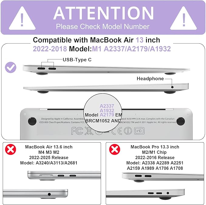 B BELK Compatible with MacBook Air 13 inch Case 2022 2021 2020 2019 2018 Release A2337 M1 A2179 A1932, Plastic Laptop Hard Shell+ Keyboard Cover+Screen Protector for MacBook Air 13.3 inch Case, Purple